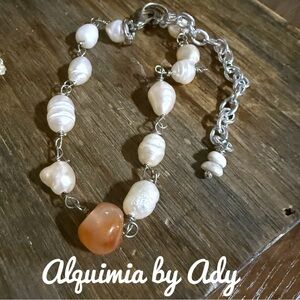 Freshwater dainty pearl beaded bohemian bracelet and carnelian